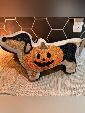Hand-Beaded Pumpkin Dog Pillow - Orange and Black Holiday Accent